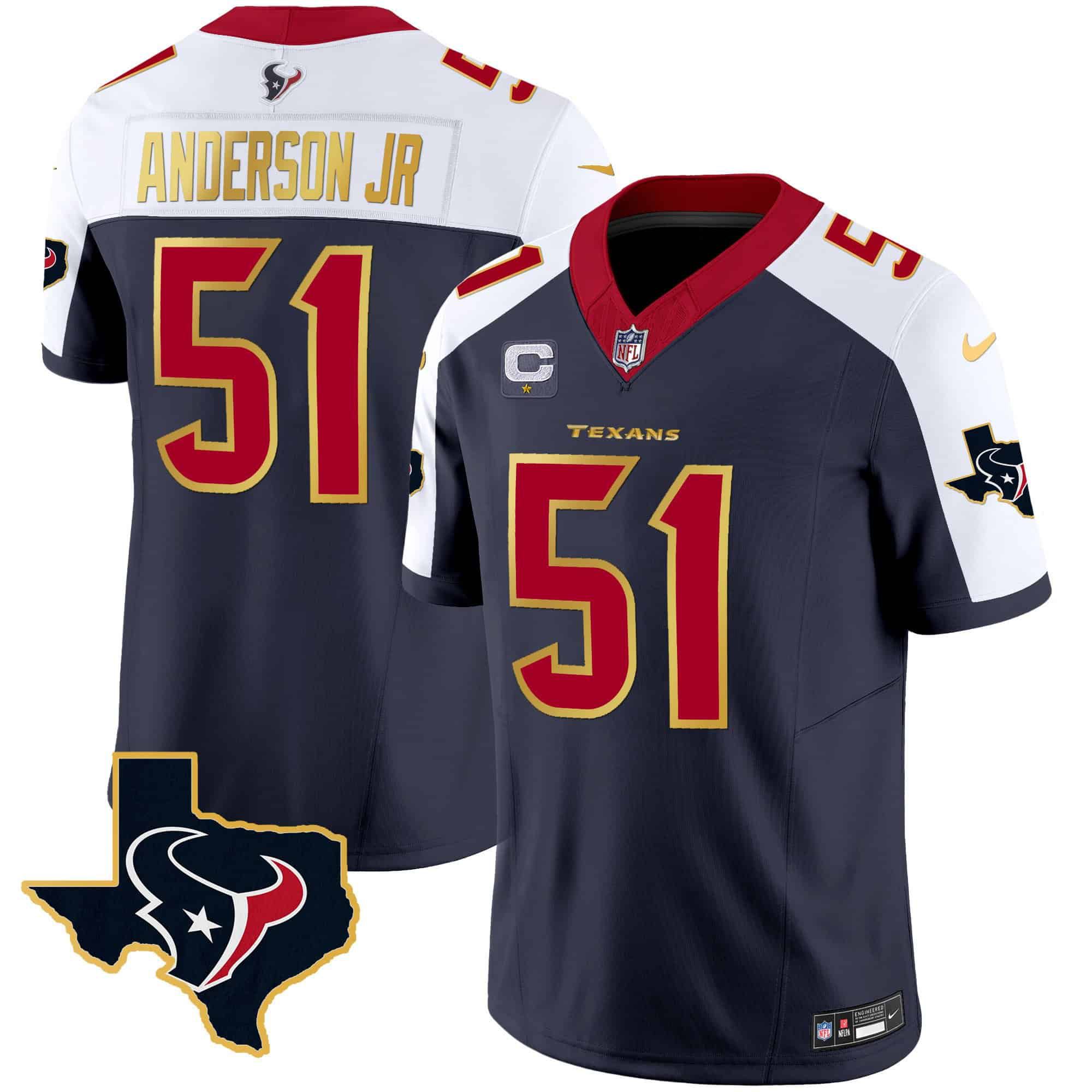 Men Houston Texans #51 Anderson jr Dark blue Gold 2024 Nike Trim Vapor NFL Jersey